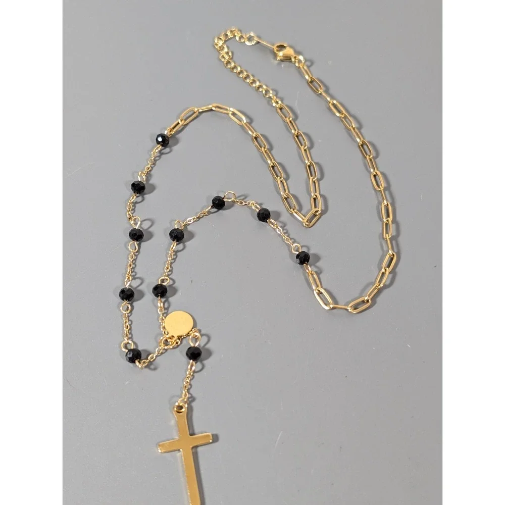 Gold Tone Black Glass Bead Y Neckalce Cross‎ Pendant Lariat Elegant 20 in